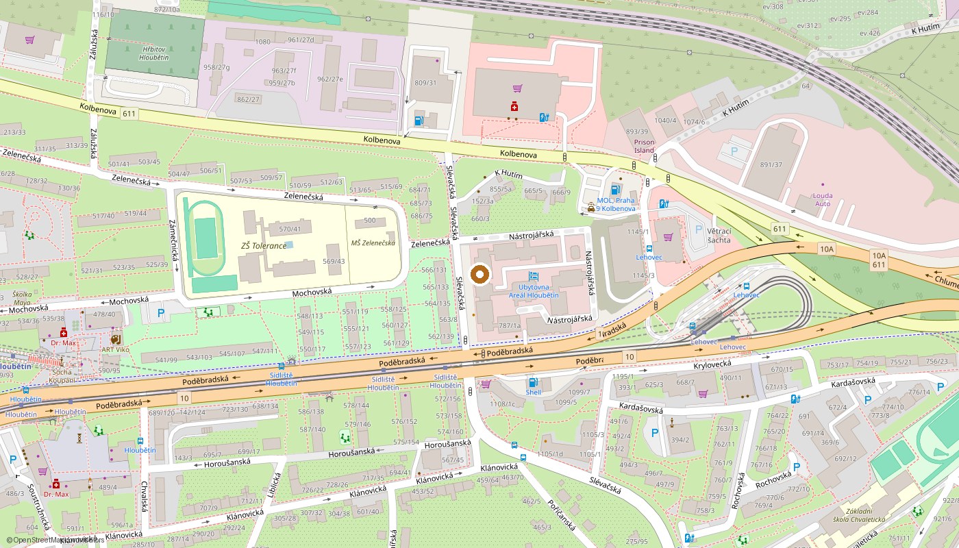 Mapa s vyznačenou polohou Restaurace U Matěje, Slévačská 744/1, 198 00 Praha 9 – Hloubětín