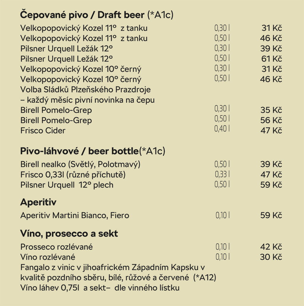 Nápojový lístek Restaurace U Matěje — strana 1